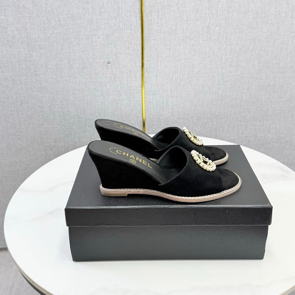 CC 26s Wedge Heels In Black Suede With Cc Pearl Embellished