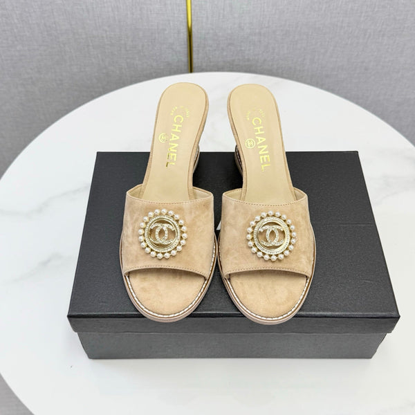 CC 26s Wedge Heels In Beige Suede With Cc Pearl Embellished