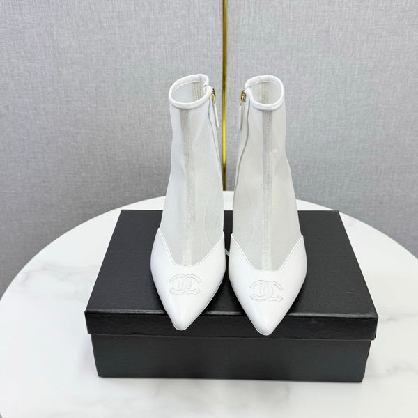 CC 26s Pointed-Toe Stiletto Ankle Boots White Sheepskin Mesh 972788