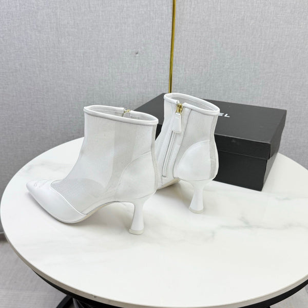 CC 26s Pointed-Toe Stiletto Ankle Boots White Sheepskin Mesh 972788