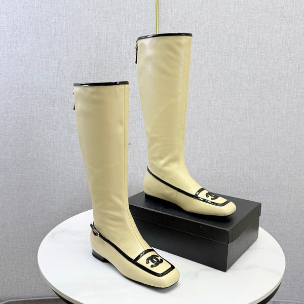 CC 26s Square Toe Low Heel Long Boots Black Beige Sheeepskin 972799