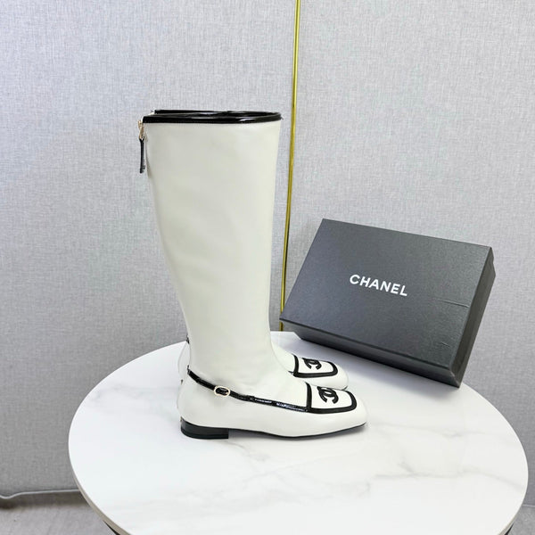 CC 26s Square Toe Low Heel Long Boots Black White Sheeepskin 972802