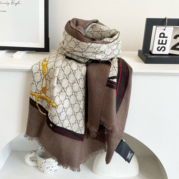 SCARF 200 CM IN KHAKI BROWN MONOGRAM WOOL 399767