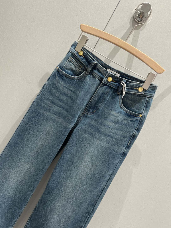 Celine Back Pocket Embroidery Cover Straight Jeans Blue Cotton 209716