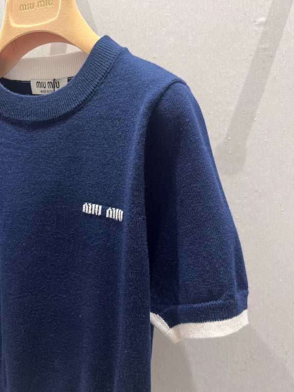 Miu Miu 25 Two-piece Knitted Short-sleeved Top Blue White Wool 210549
