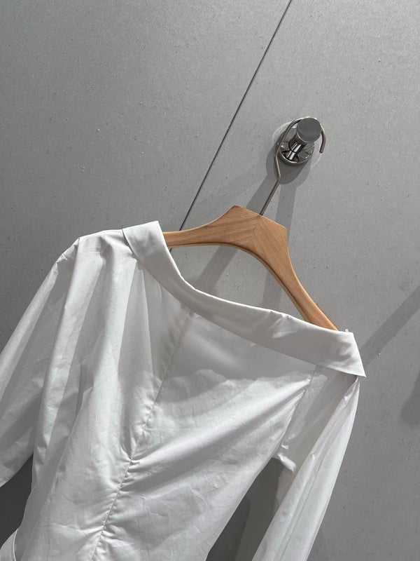 CD 25 Off-shoulder Pleated Belt Short Shirt White Cotton 217596