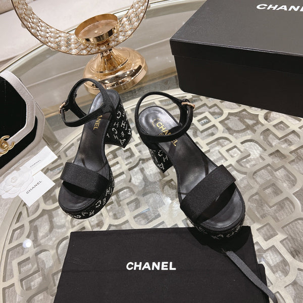 CC 25C 10CM Mid Heed Sandals Black Fabric 213324
