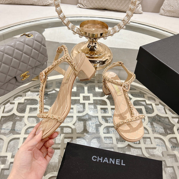 CC 26s Chain T-Strap Charm Sandals 5cm Beige Lambskin 736114