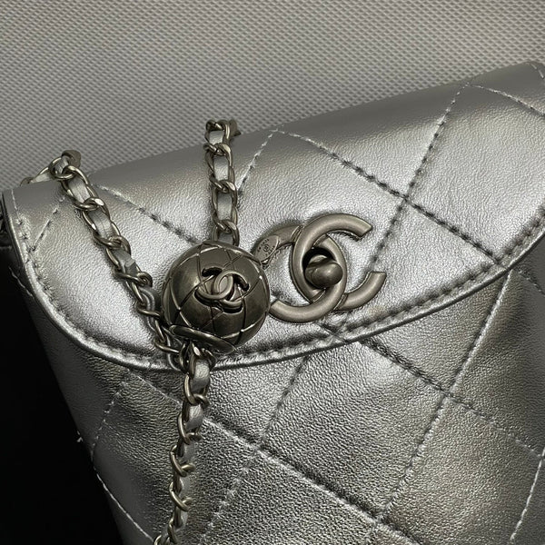 CC Phone Holder Bag 17cm Sliver Metalic Leather