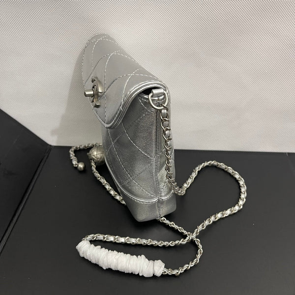 CC Phone Holder Bag 17cm Sliver Metalic Leather