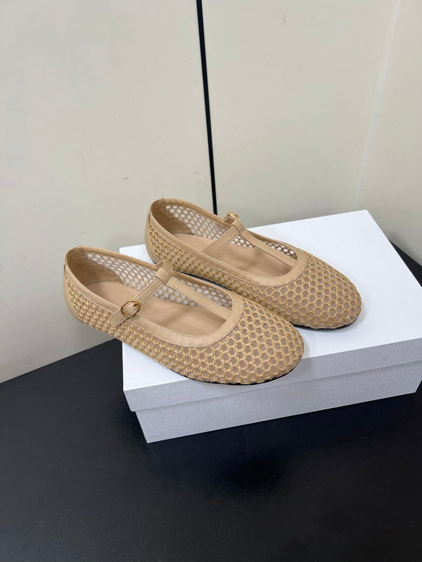 The Row 25ss Square T-Strap Flat Beige Mesh Cowhide 340039