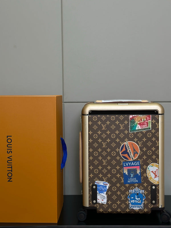 LV 2025 Horizon 55 Travel Stickers Suitcase Brown Beige Canvas Cowhide 273844