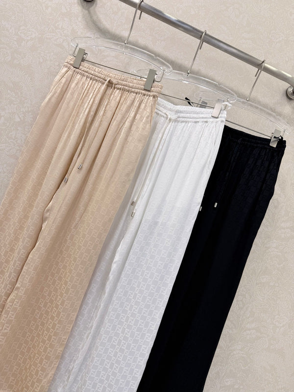 Fendi 26s Wide-Leg Trousers Jacquard Pattern Black Rayon Cotton