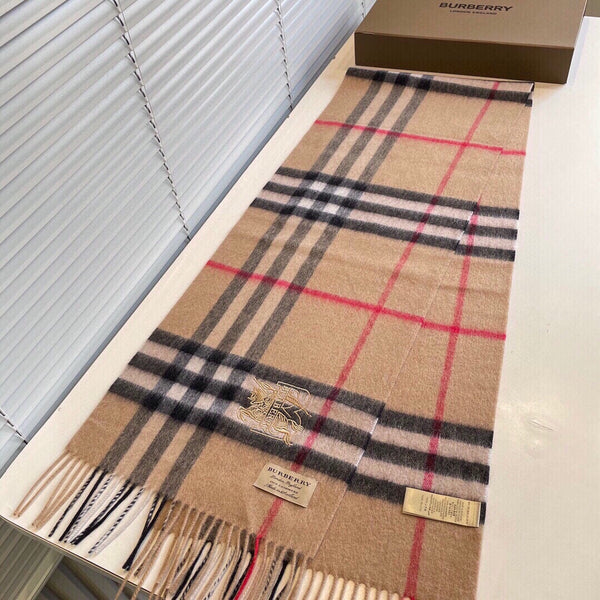 CLASSIC CHECK SCARF 180 CM IN CAMEL BROWN MIX BLACK CASHMERE 394772
