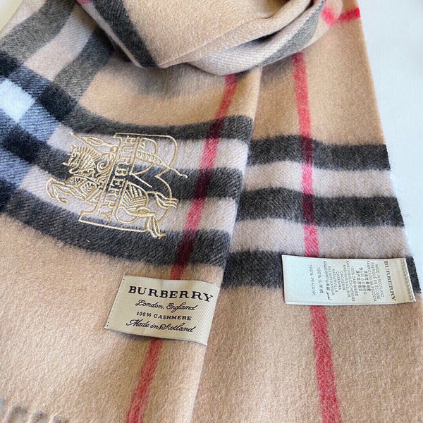 CLASSIC CHECK SCARF 180 CM IN CAMEL BROWN MIX BLACK CASHMERE 394772