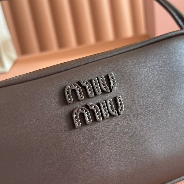 Miu Leather Pouch Bag 20cm Chocolate Leather