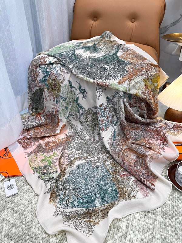 Scarf 140 CM Brown Colorful Cashmere And Silk 394551
