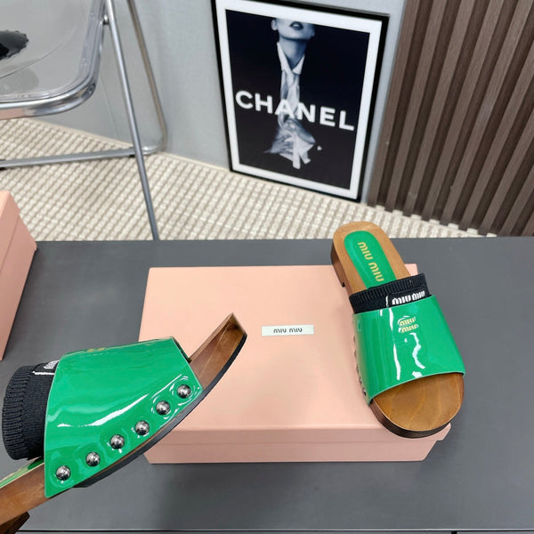 Miu Miu Slippers In Green & Black Glossy Calfskin With Purple Half-Foot Socks