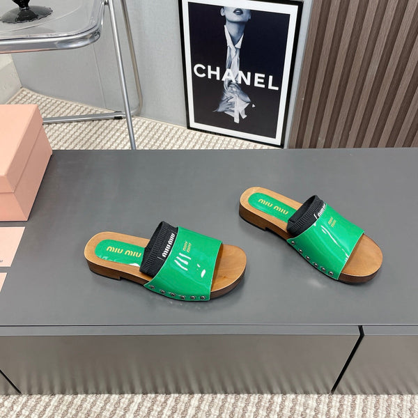Miu Miu Slippers In Green & Black Glossy Calfskin With Purple Half-Foot Socks