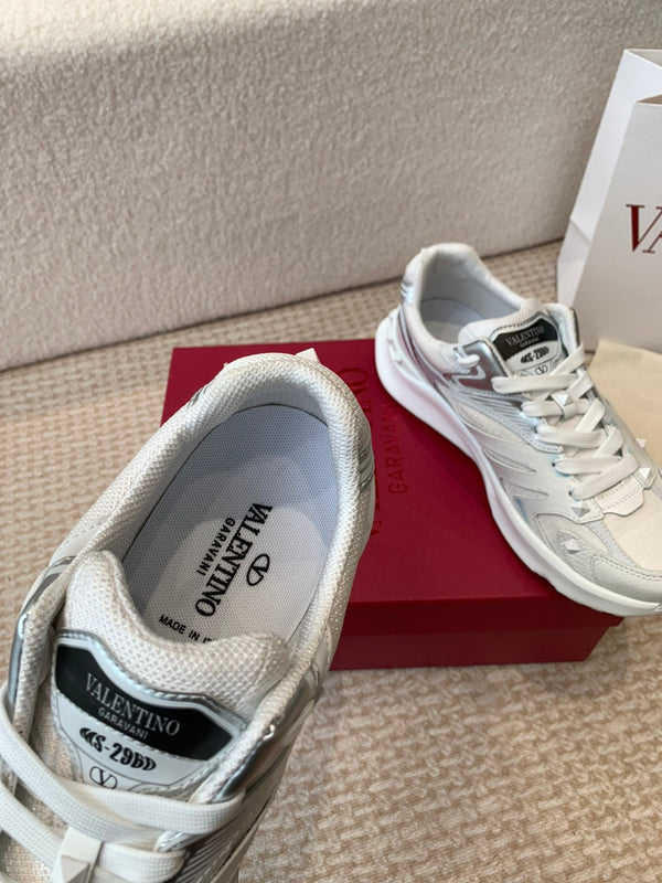 Valentino Sneaker 50mm In White Mix Grey Blue Mesh Fabric And Cowhide 814274