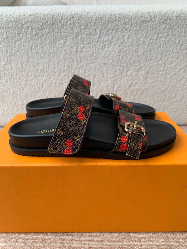 Bom Dia Flat Comfort Mule LV x TM Brown Sheepskin Mix Cherry Motif 319378