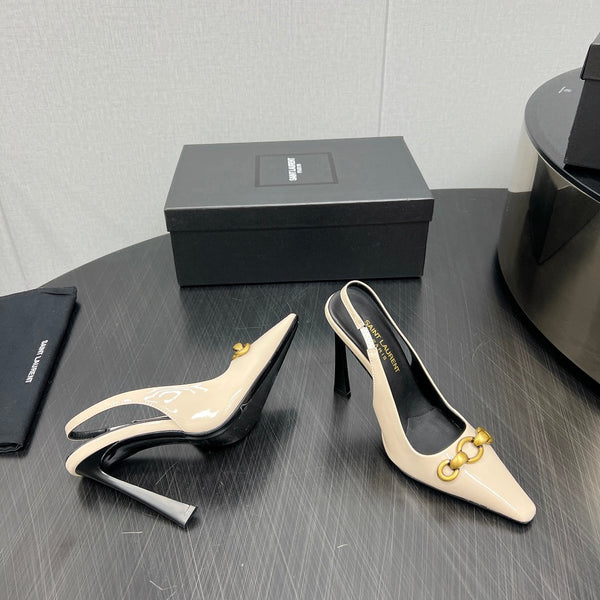 GOLD CHAIN ATTACHED HIGH SLINGBACK IN CREAM GLOSSY CALFSKIN