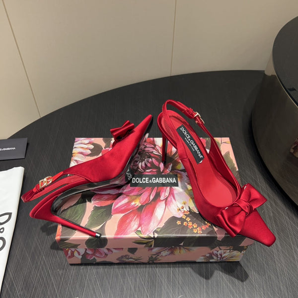DC 25 Toe Bow High Heel Shoes 100mm Red Silk And Sheepskin 381613