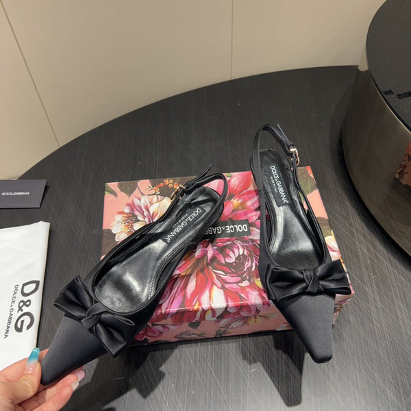 DC 25 Bow Slingback Pumps Black Silk And Sheepskin 381616