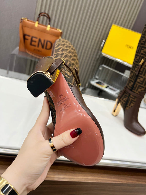 FENDI knee boots high heel monogram brown cowhide 521218