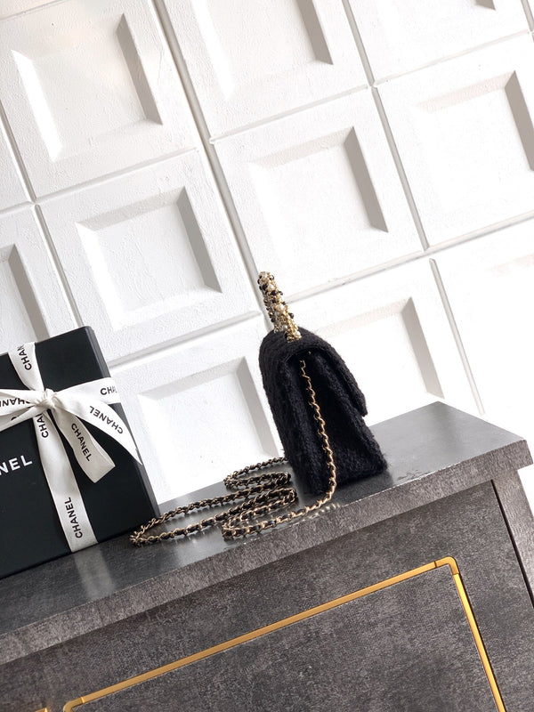 CC Mini Flap Bag 17.5 With Handle Black Tweed