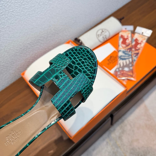 HM Oasis Sandals 4.5cm Teal Green Embossed Calfskin 707106