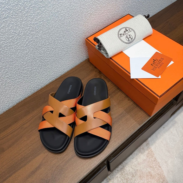 HM 26s Kazimir Sandal In Caramel Brown Calfskin And Orange Fabric