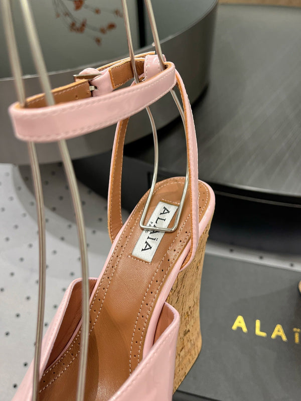 Alaila Wedge Sandals 135mm In Pink Glossy Lambskin 954905