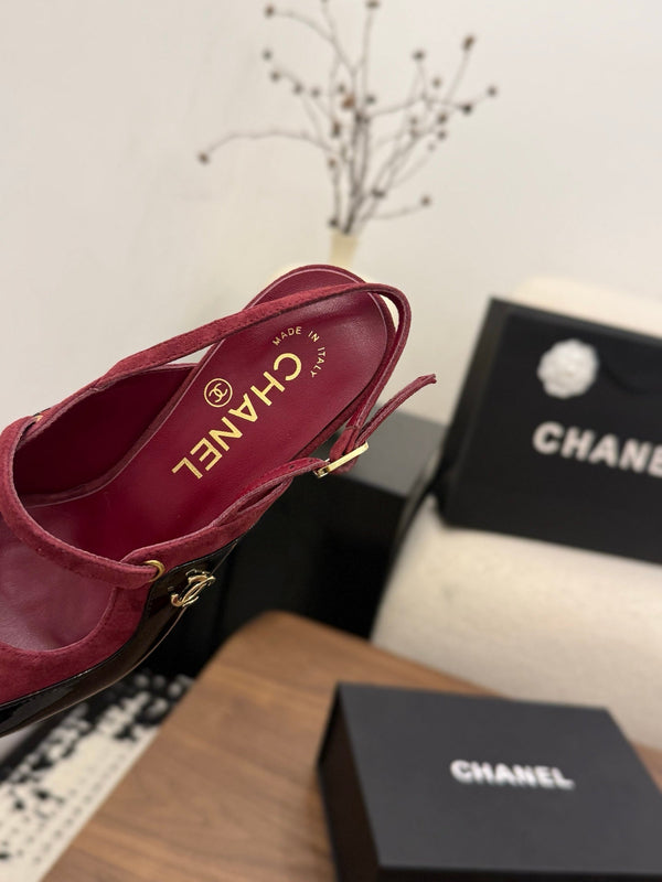 CC 26FW Slingback 7.5cm Red Black Suede Patent Leather 676119