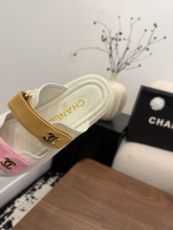 CC Dad Mules White Pink Brown Calfskin 850577