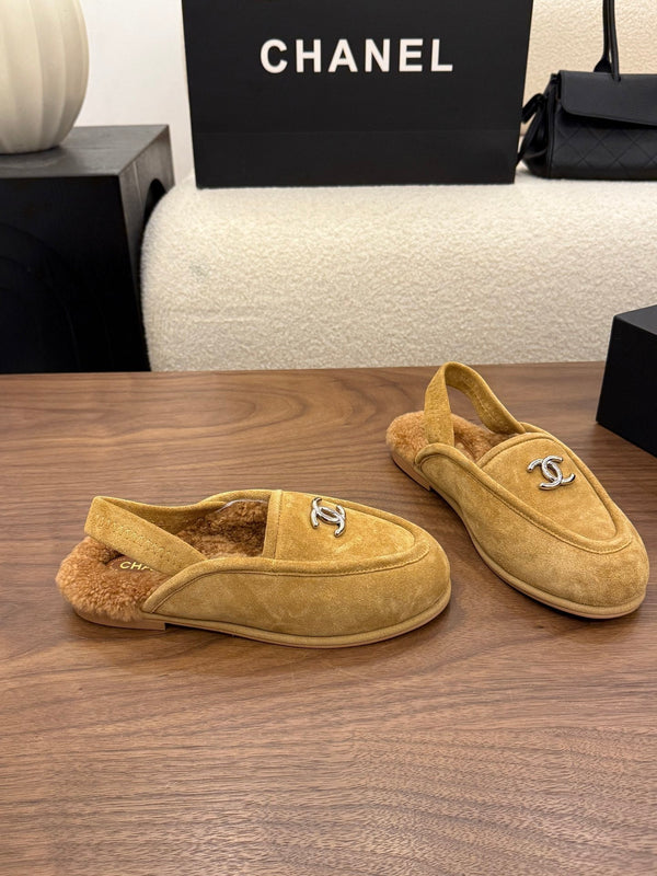 CC 26s Slingback Loafers Camel Suede Shearling 122672