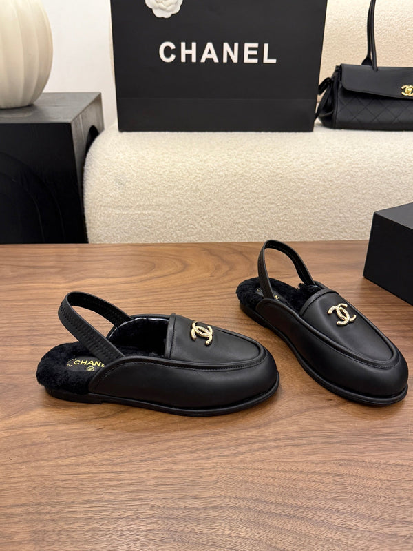 CC 26s Slingback Loafers Black Leather Shearling 122678