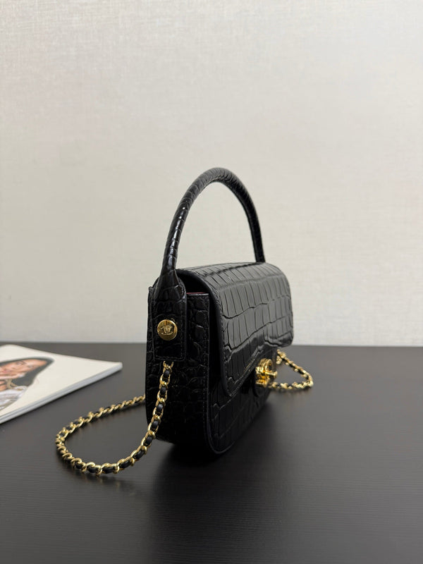 CC Mini Flap Bag with Top Handle Black Crocodile Embossed Calfskin