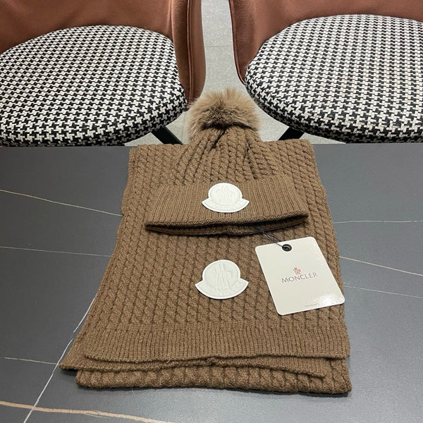 Moncler Hat Scarf Set Brown Cable Knit Fur 481808