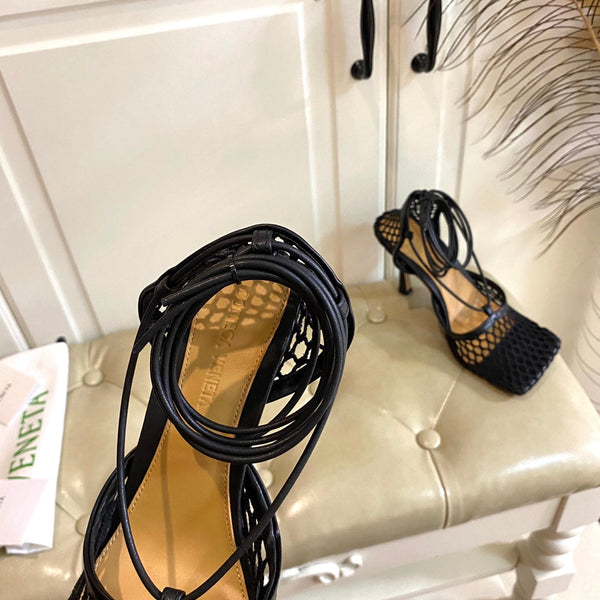 BV 26s Stretch Lace-Up Sandal 9cm Black Metallized Mesh Leather