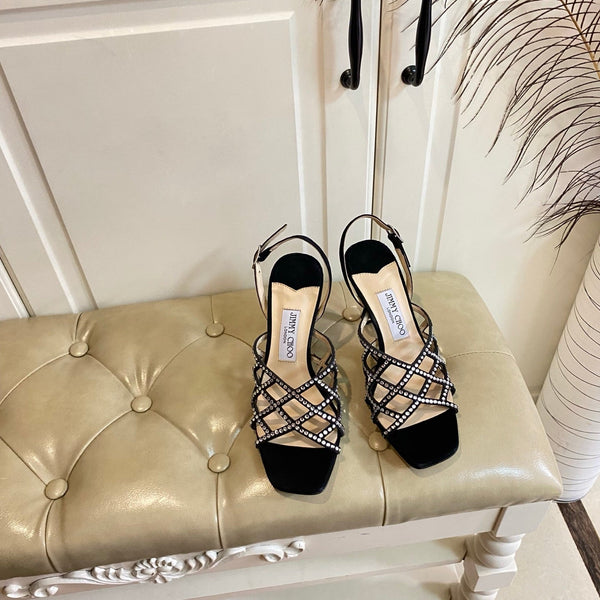 Jimmy Choo Saila Sandals 9cm Black Sheepskin Suede 688233