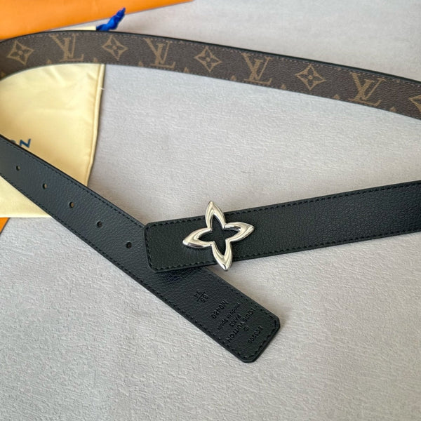 LV MINI FLOWERGRAM 30MM REVERSIBLE BELT IN BLACK CALFSKIN SILVER HARDWARE