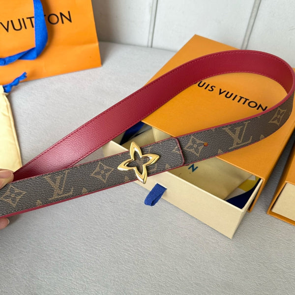 LV MINI FLOWERGRAM 30MM REVERSIBLE BELT IN BLOOD RED CALFSKIN GOLD HARDWARE