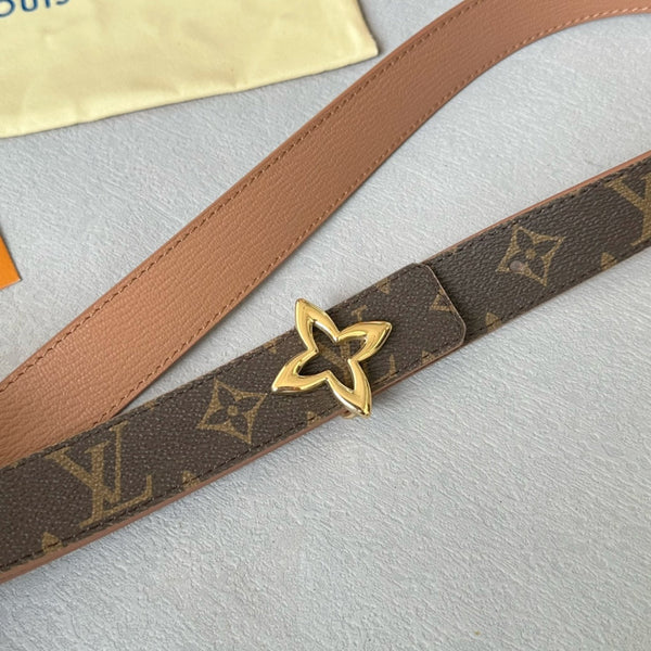 LV MINI FLOWERGRAM 30MM REVERSIBLE BELT IN BUFF BROWN CALFSKIN GOLD HARDWARE