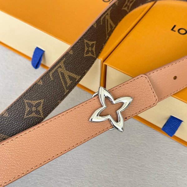 LV MINI FLOWERGRAM 30MM REVERSIBLE BELT IN BUFF BROWN CALFSKIN SILVER HARDWARE