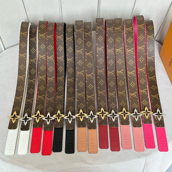 LV Flowergram 30mm Reversible Belt Silver Buckle Pink Brown Leather
