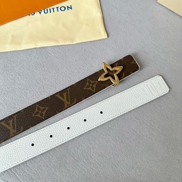 LV MINI FLOWERGRAM 30MM REVERSIBLE BELT IN WHITE CALFSKIN GOLD HARDWARE