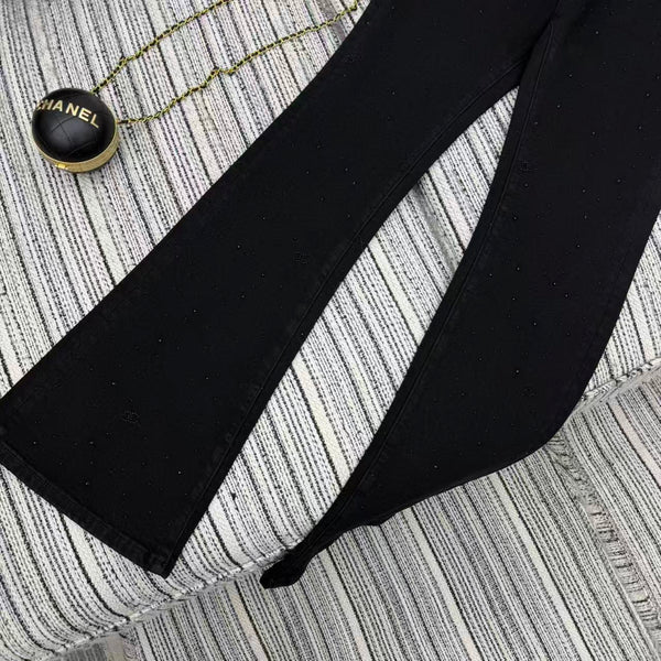 Chanel 2025 Rhinestone Flared Jeans Black Cotton 319004