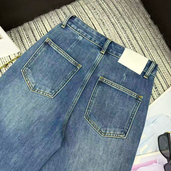 Chanel 2025 Double C Logo Beaded Straight-leg Jeans Blue Cotton 319001