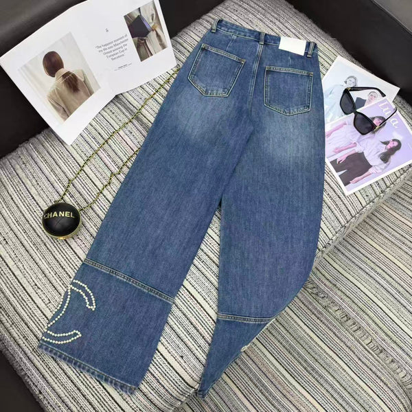 Chanel 2025 Double C Logo Beaded Straight-leg Jeans Blue Cotton 319001